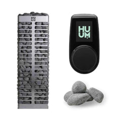 Huum Steel Series sauna heater by SAKSBY WHOLESALE with UKU control and sauna stones, showing the heater unit with stones.