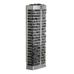 SAKSBY WHOLESALE Huum Steel Series sauna heater with UKU control and sauna stones, stainless steel wall-mounted design, front-right view.