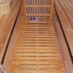 Interior view of the Thermora Ignite large outdoor wooden barrel sauna by SAKSBY WHOLESALE with American White Oak and 4.5kW heater