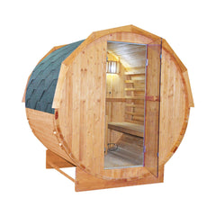 SAKSBY Wholesale Thermora Ignite large American white oak outdoor wooden barrel sauna with 4.5kW sauna heater, front side view
