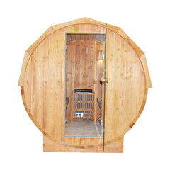 SAKSBY WHOLESALE Thermora Ignite large outdoor wooden barrel sauna with white oak exterior and 4.5kW heater, front view.
