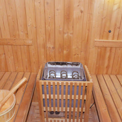 Large American White Oak outdoor wooden barrel sauna by SAKSBY WHOLESALE with 4.5kW sauna heater, showcasing premium craftsmanship.