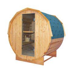 Large American White Oak outdoor wooden barrel sauna by SAKSBY WHOLESALE with 4.5kW sauna heater, front view showcasing craftsmanship.