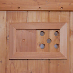 Large American White Oak outdoor wooden barrel sauna with 4.5kW sauna heater by SAKSBY WHOLESALE.