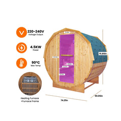 Large American White Oak outdoor wooden barrel sauna by SAKSBY WHOLESALE with 4.5kW sauna heater, premium quality outdoor sauna.
