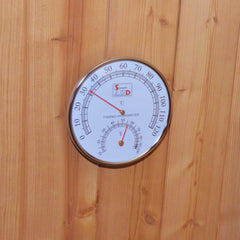 Large American White Oak outdoor wooden barrel sauna by SAKSBY WHOLESALE with 4.5kW sauna heater and temperature control.