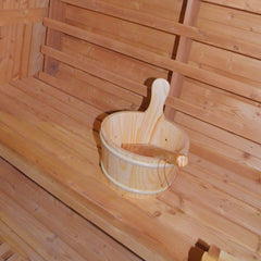 Large American White Oak outdoor wooden barrel sauna by SAKSBY WHOLESALE with 4.5kW sauna heater and premium wood construction.