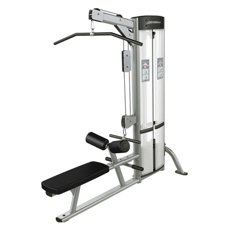 Muscle D Fitness Life Fitness Optima Lat Pull machine for strength training, featuring a sleek design with adjustable pulldown and row attachments.