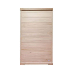 SAKSBY WHOLESALE Thermora Ivara luxury 2-person Hemlock wood infrared sauna with glass door, back view.
