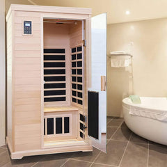 SAKSBY WHOLESALE Thermora Ivara luxury 2-person Hemlock wood infrared sauna with glass door, interior view and heater controls