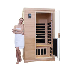 SAKSBY WHOLESALE Thermora Ivara luxury 2-person Hemlock wood infrared sauna with glass door and 1750W heater, demonstration view.