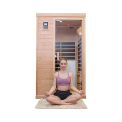SAKSBY WHOLESALE Thermora Ivara luxury 2-person hemlock wood infrared sauna with glass door and 1750W heater, modern design.
