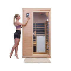 SAKSBY WHOLESALE Thermora Ivara luxury 2-person Hemlock wood infrared sauna with glass door, front view, 1750W.