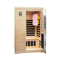 SAKSBY WHOLESALE Thermora Ivara luxury 2-person Hemlock wood sauna with glass door, infrared heating, and open front view.