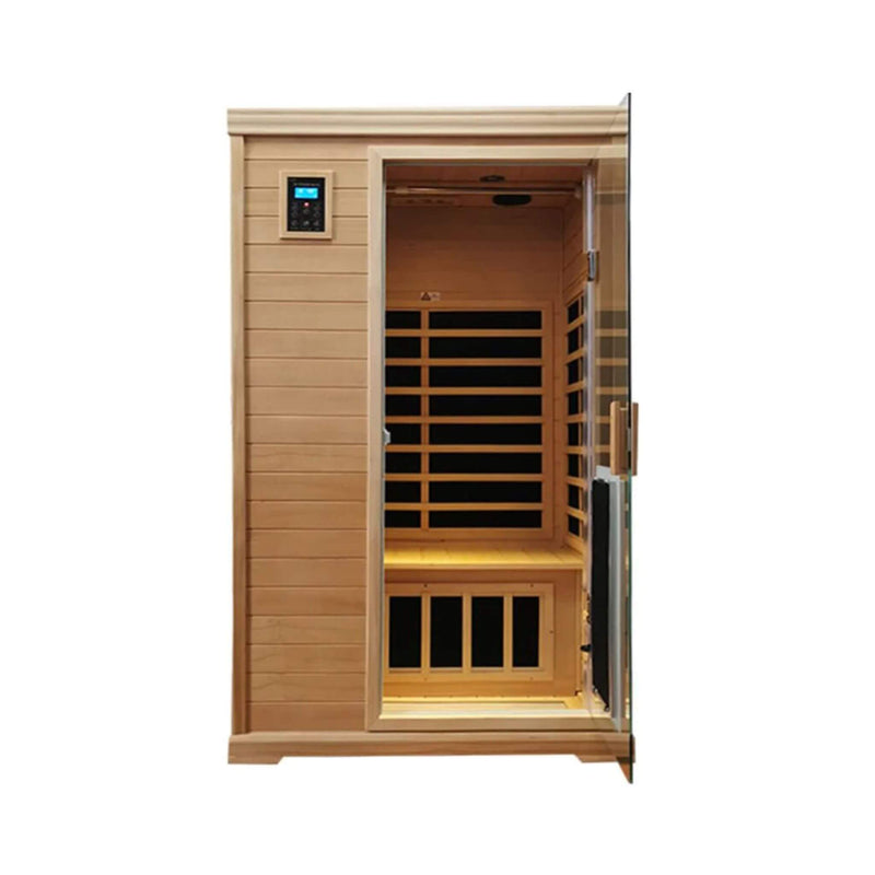 SAKSBY WHOLESALE Thermora Ivara luxury 2-person Hemlock wood infrared sauna with glass door, front view.