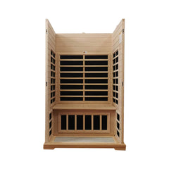 Inside view of SAKSBY WHOLESALE Thermora Ivara luxury 2-person hemlock wood FAR infrared sauna with glass door.