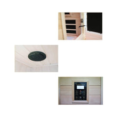 SAKSBY WHOLESALE Thermora Ivara luxury 2-person hemlock wood FAR infrared sauna with glass door and interior view.