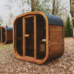 Patio Elegance Mande MW20 Outdoor ThermoWood Sauna with glass door and wooden interior for backyard relaxation.