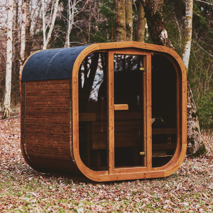 Patio Elegance Mande MW16 ThermoWood outdoor sauna with glass door and wooden benches, designed for outdoor relaxation.