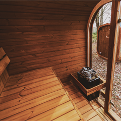 Patio Elegance Mande MW20 Outdoor ThermoWood sauna with glass door and wooden interior, designed for backyard relaxation.