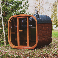 Patio Elegance Mande MW20 Outdoor ThermoWood sauna with glass door and wooden interior for backyard relaxation