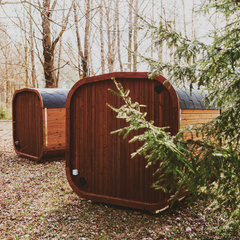 Patio Elegance Mande MW20 Outdoor ThermoWood Sauna with large glass door and wooden exterior for backyard relaxation