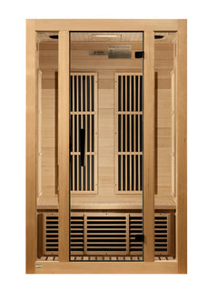 Maxxus Seattle two-person near zero EMF FAR infrared sauna by Golden Designs Inc. with wooden interior and control panel