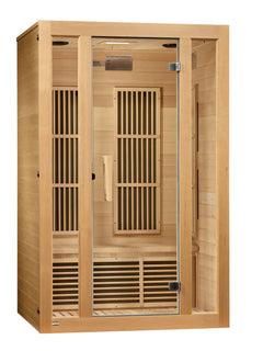 Golden Designs Maxxus Seattle 2-person near zero EMF FAR IR sauna with wooden interior and glass door, shown from the left side.
