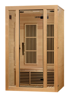 Golden Designs Maxxus Seattle two-person near zero EMF far infrared sauna with wooden interior and control panel.
