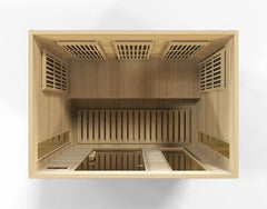 Golden Designs Maxxus Infrared Sauna with Canadian Hemlock wood, near zero EMF technology, interior view showing seating and heating panels.