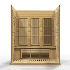 Golden Designs Maxxus near zero EMF FAR infrared sauna made of Canadian Hemlock, with spacious interior and modern design features.
