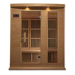 Golden Designs Maxxus Near Zero EMF FAR Infrared Sauna made of Canadian Hemlock, featuring a spacious interior and modern design.