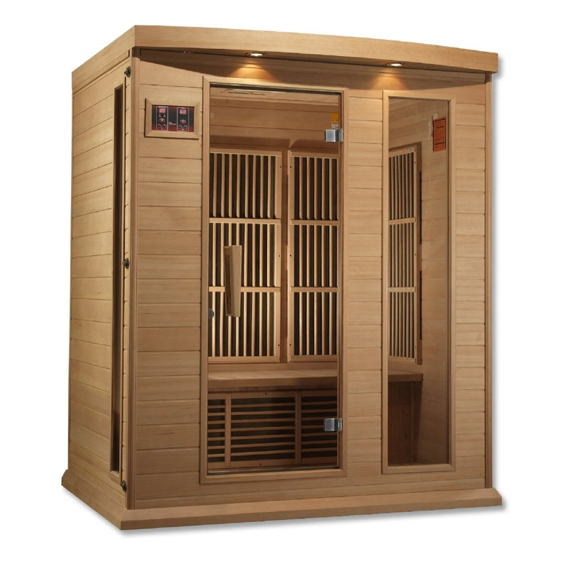 Golden Designs Maxxus Near Zero EMF FAR Infrared Sauna made of Canadian Hemlock, showcasing the spacious interior and luxury design.