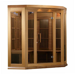 Maxxus 3-person corner infrared sauna by Golden Designs with red light therapy and near zero EMF for relaxing home wellness.