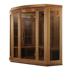Golden Designs Maxxus 3-Person Corner Infrared Sauna with red light therapy and near-zero EMF features for at-home relaxation.