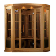Maxxus 3-person corner infrared sauna by Golden Designs Inc. with near zero EMF and red light therapy features.