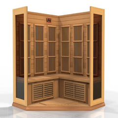 Maxxus 3-person corner infrared sauna with red light therapy by Golden Designs Inc., featuring near zero EMF indoor sauna design.