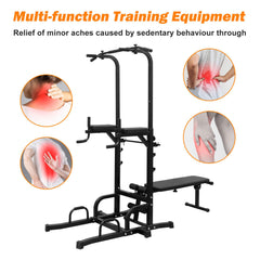 Heavy-duty SAKSBY WHOLESALE Rovix Power Tower exercise machine with pull-up bar, adjustable height, and bench for home gym workouts.