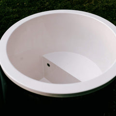 Fully assembled ThermoWood cold plunge tub by SAKSBY WHOLESALE, 1-person size, angled view showing smooth wood finish.