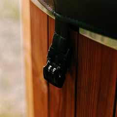 Fully assembled Premium ThermoWood Cold Plunge Tub by SAKSBY WHOLESALE, designed for one person, with a cover and latch.