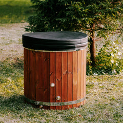 Back view of the fully assembled Premium 1-Person ThermoWood Cold Plunge Tub by SAKSBY WHOLESALE, showcasing its sleek design.