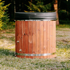 Front view of the fully-assembled Premium 1-Person ThermoWood Cold Plunge Tub by SAKSBY WHOLESALE, showing its sleek design and wood finish.