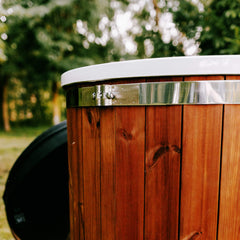 Premium 1-person ThermoWood Cold Plunge Tub by SAKSBY WHOLESALE with metal band, fully assembled for refreshing cold water immersion.