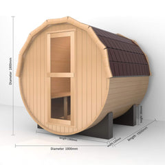 SAKSBY WHOLESALE Thermora Haven infrared outdoor barrel sauna kit with pinewood design, glass window, and 4.5kW heater for two persons.