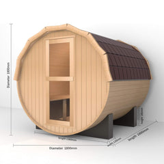 SAKSBY WHOLESALE Thermora Haven infrared outdoor pinewood barrel sauna kit with tempered glass window and 4.5kW heater for 2 persons