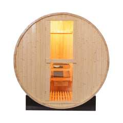 SAKSBY WHOLESALE Thermora Haven 2-person outdoor pinewood barrel sauna kit with 4.5kW heater and tempered glass window, front view