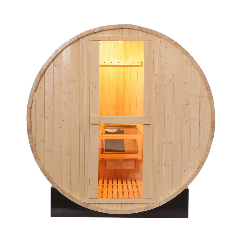 SAKSBY WHOLESALE Thermora Haven 2-person outdoor pinewood barrel sauna kit with 4.5kW heater and tempered glass window, front view