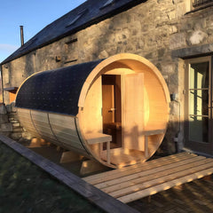 SAKSBY WHOLESALE Thermora Haven 2-person outdoor pinewood barrel sauna kit with glass window and 4.5kW heater.
