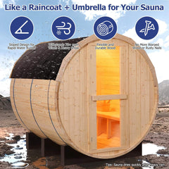 SAKSBY WHOLESALE Thermora Haven all-weather outdoor pinewood barrel sauna kit with 4.5kW heater and tempered glass window for two.