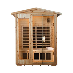 SAKSBY Wholesale Thermora Zorin 2-person indoor outdoor sauna with Hemlock wood, low EMF FAR-infrared, front view.